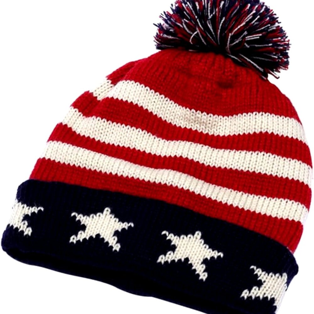 American Flag Jacquard Stripped Patriotic Cap With Pom • Unisex Beanie - Picture 2 of 3